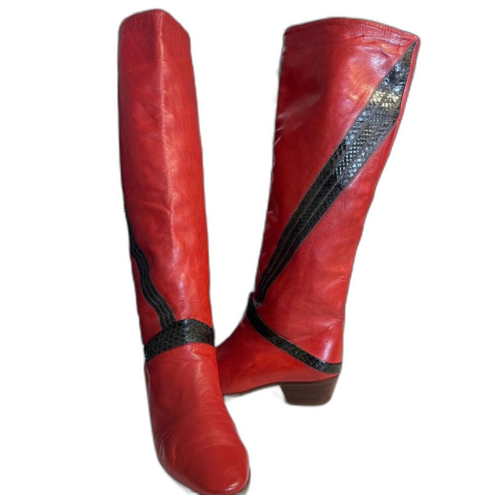 Vintage Pollini Red Leather Python Trim Knee High Boots Made Italy EU 37 6 1/2-7 - Picture 4 of 12